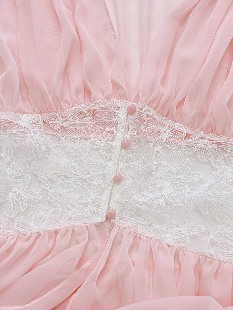 [Prévente] Robe de chambre rose en dentelle plissée et résille taille cintrée années 1930