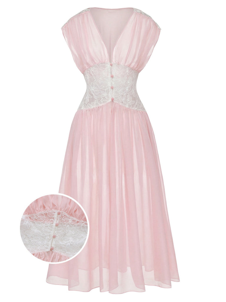 [Prévente] Robe de chambre rose en dentelle plissée et résille taille cintrée années 1930