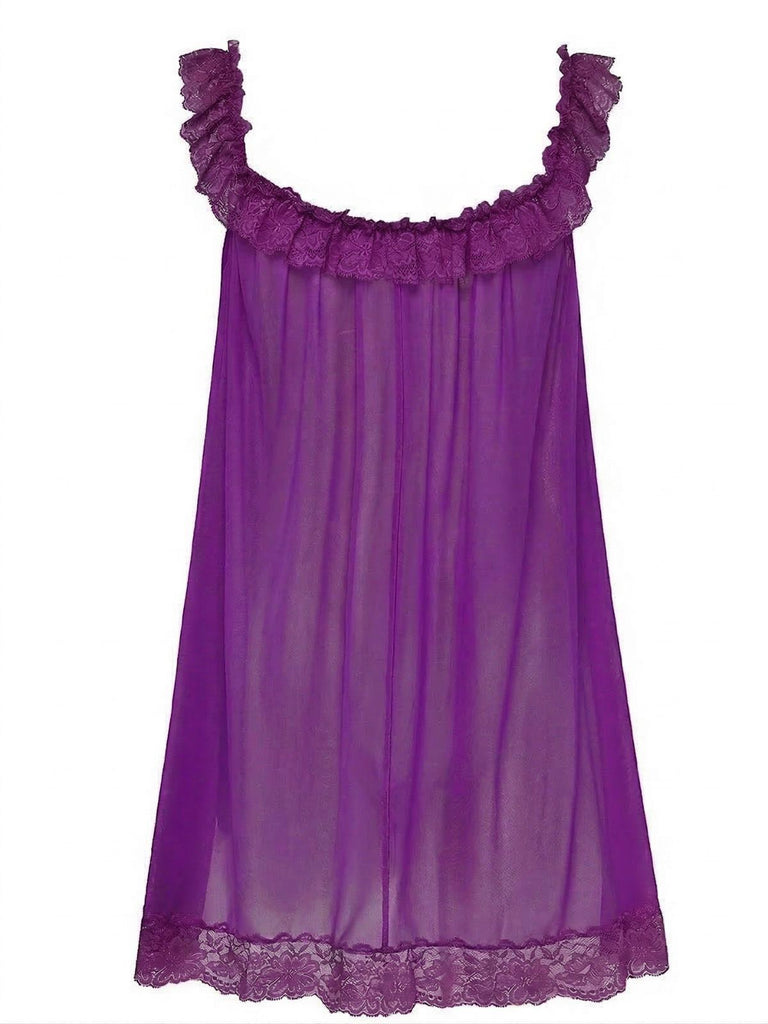Nuisette babydoll en tulle transparent ornée de dentelle et de nœuds années 1950