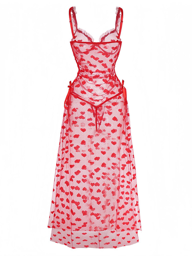 Nuisette rouge à bretelles en résille à cœurs des années 1930