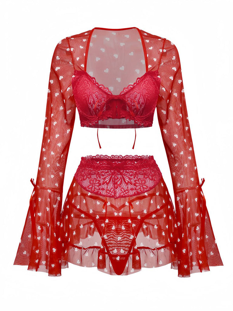 2PCS Pyjama rouge imprimé cœur à volants et nœud pour Valentin années 1960