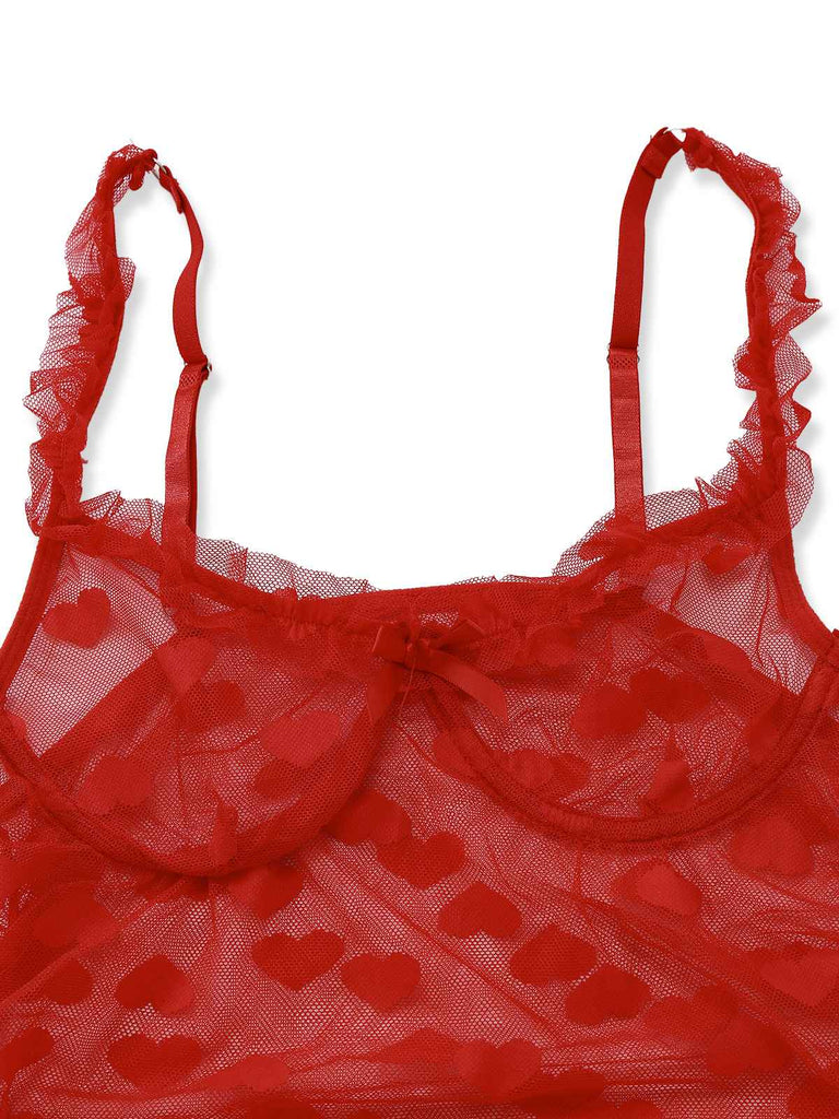 2PCS Pyjama rouge imprimé cœur à volants et nœud pour Valentin années 1960