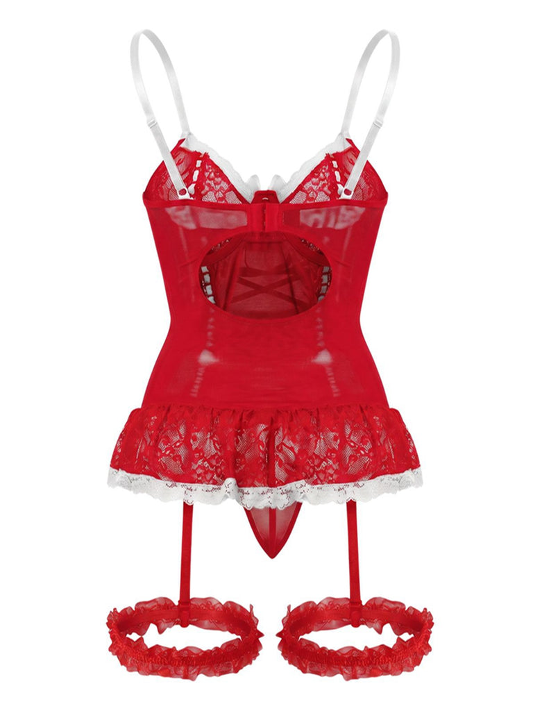 Ensemble de lingerie lacets et nœud en dentelle contrastée années 1970
