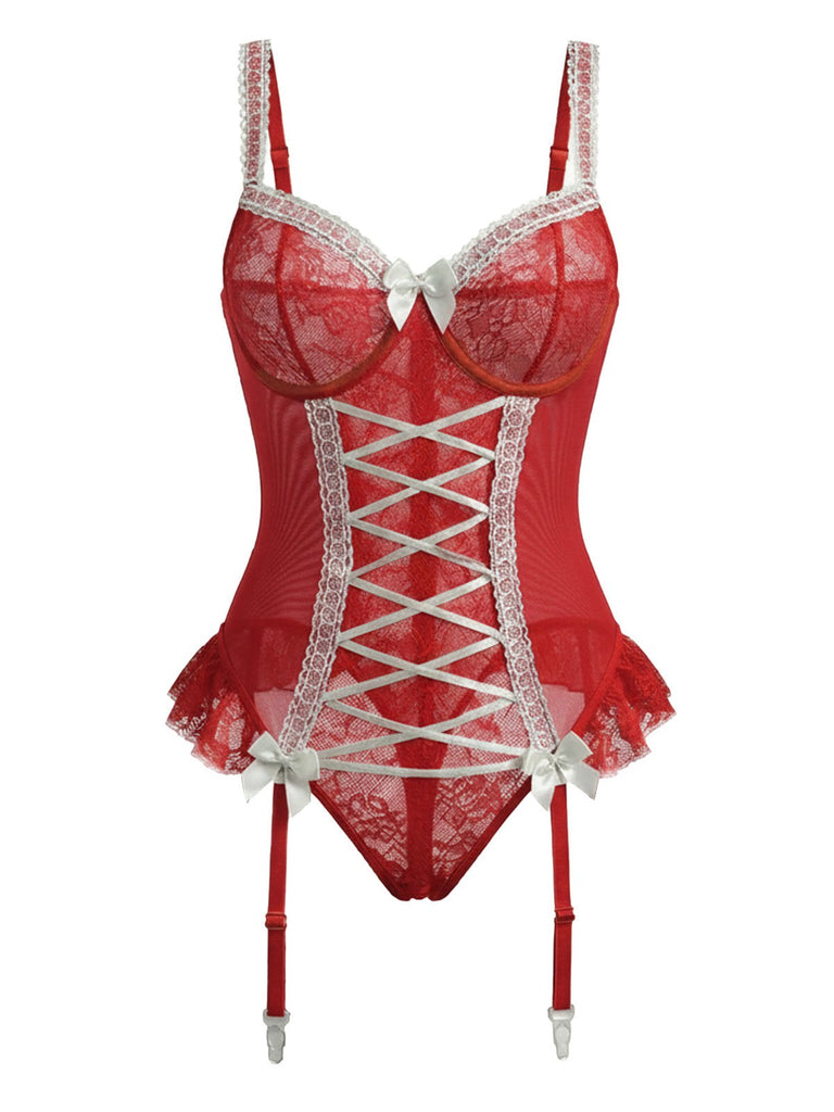 Corset en dentelle rouge avec nœud et bas assortis années 1960