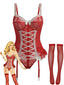 Corset en dentelle rouge avec nœud et bas assortis années 1960