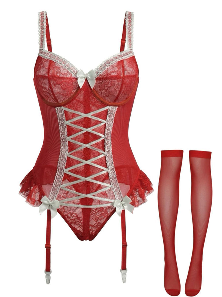 Corset en dentelle rouge avec nœud et bas assortis années 1960