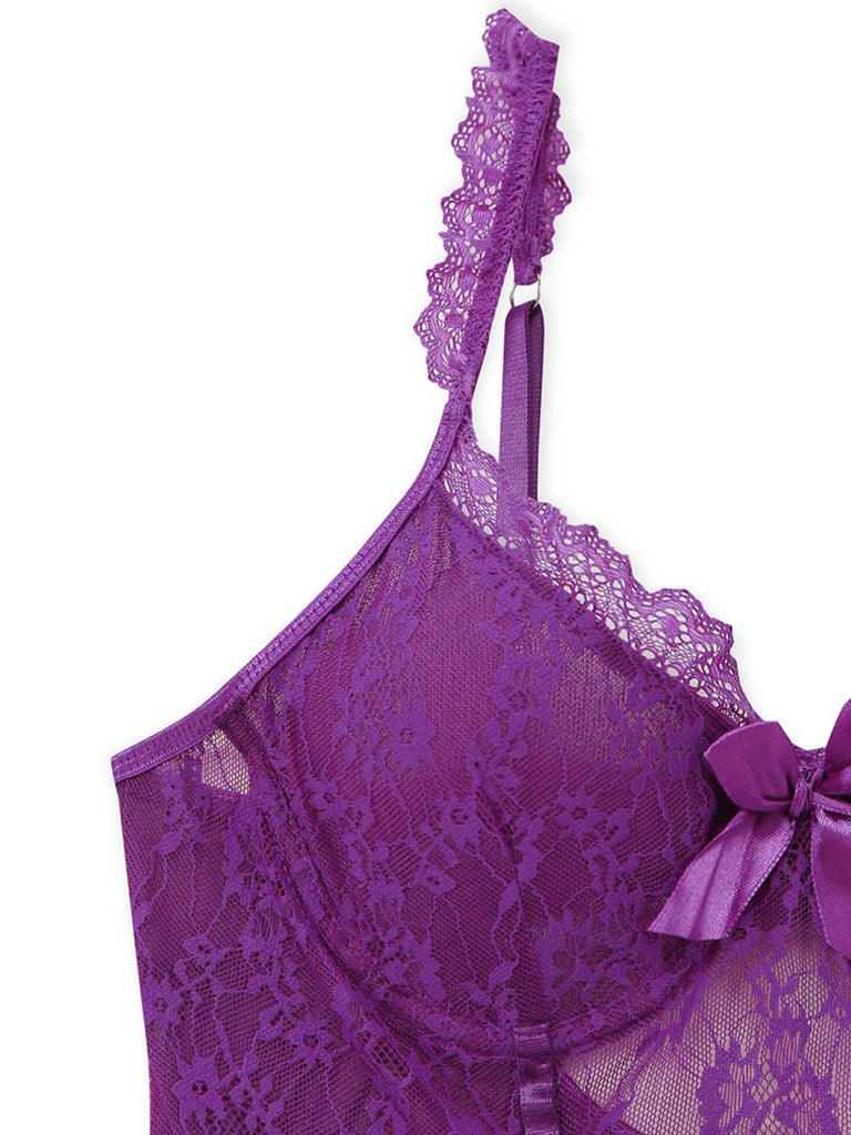 3PCS Ensemble lingerie dentelle violette bas années 1980