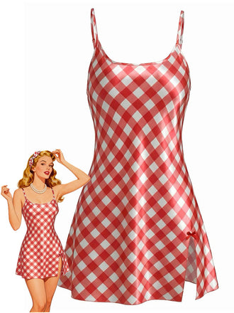 Nuisette en satin vichy fente laterale 1960s