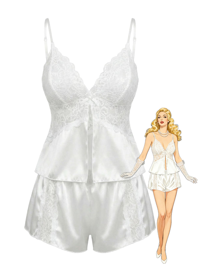 Blanc Dentelle Satin Camisole Pyjama Ensemble Années 1950