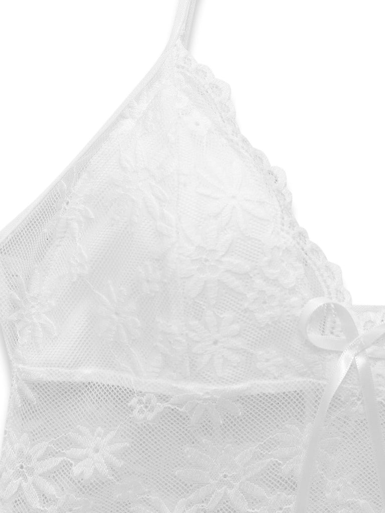 Nuisette à Bretelles Spaghetti Volants Satin Dentelle Années 50