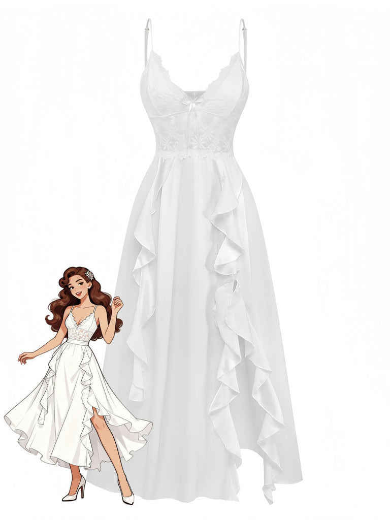 Nuisette à Bretelles Spaghetti Volants Satin Dentelle Années 50
