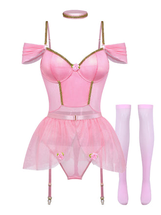 Ensemble 4 Pièces Lingerie Body Tutu Ballet Pailleté Rose Années 60