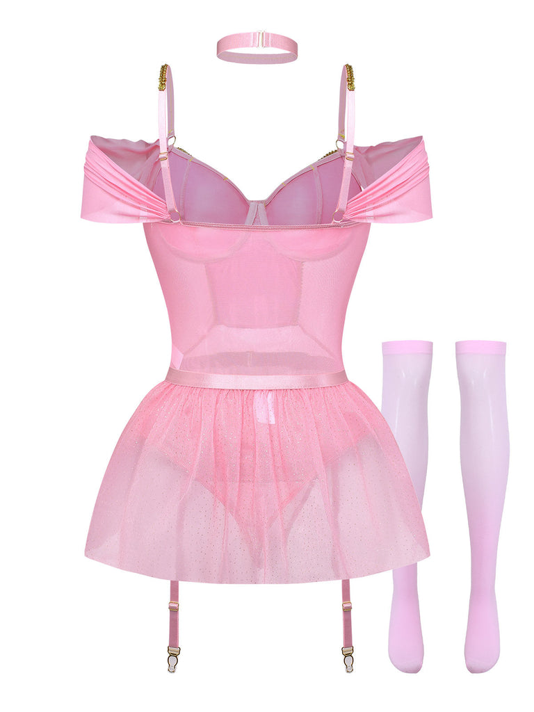Ensemble 4 Pièces Lingerie Body Tutu Ballet Pailleté Rose Années 60