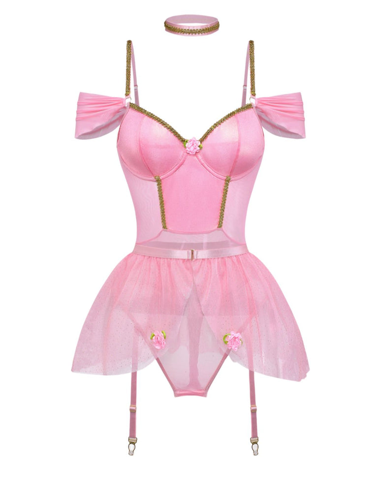 Ensemble 4 Pièces Lingerie Body Tutu Ballet Pailleté Rose Années 60