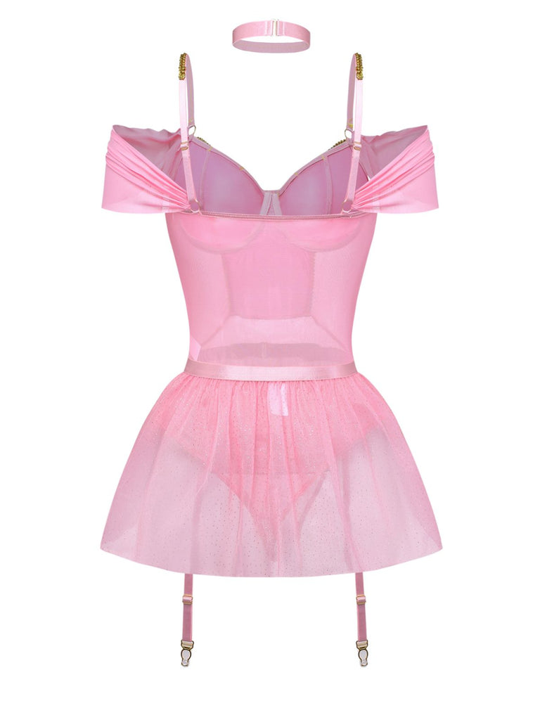Ensemble 4 Pièces Lingerie Body Tutu Ballet Pailleté Rose Années 60