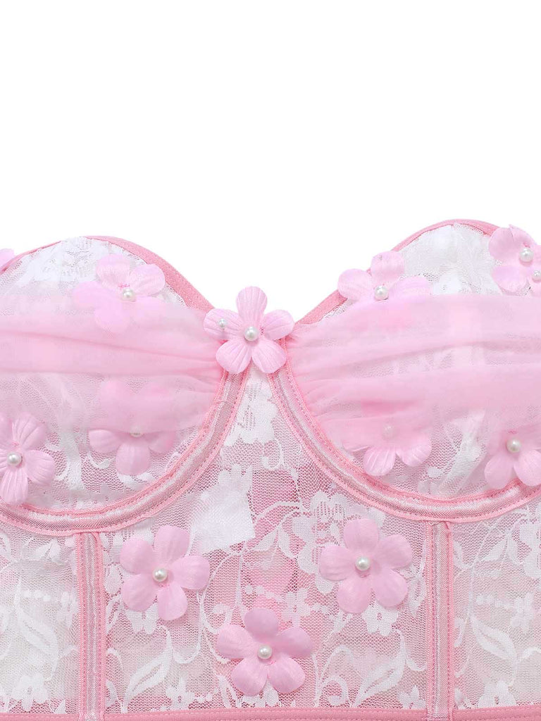 Ensemble Pyjama Florale Dentelle Épaules Dénudées Rose Années 1960 4