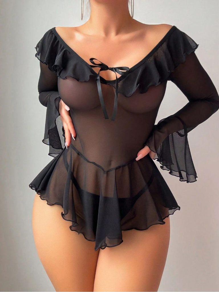 Ensemble 2 Pièces Nuisette Épaules Dénudées Tulle Transparent Années 50