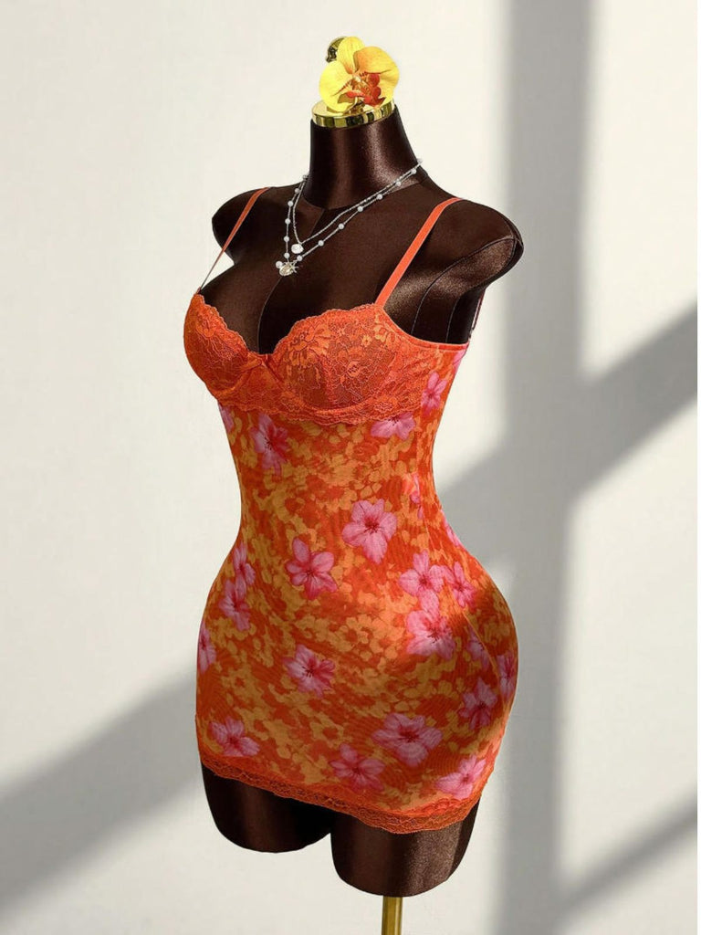 Robe Moulant Floral Dentelle Bordure Lingerie Nuisette Mini Années 1960 5