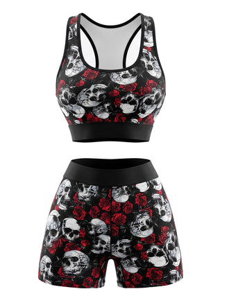 Ensemble soutien-gorge de sport et short noir à imprimé crânes et roses d’Halloween années 1980