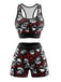 Ensemble soutien-gorge de sport et short noir à imprimé crânes et roses d’Halloween années 1980