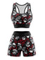 Ensemble soutien-gorge et short sport noir Halloween Skull Rose années 1980