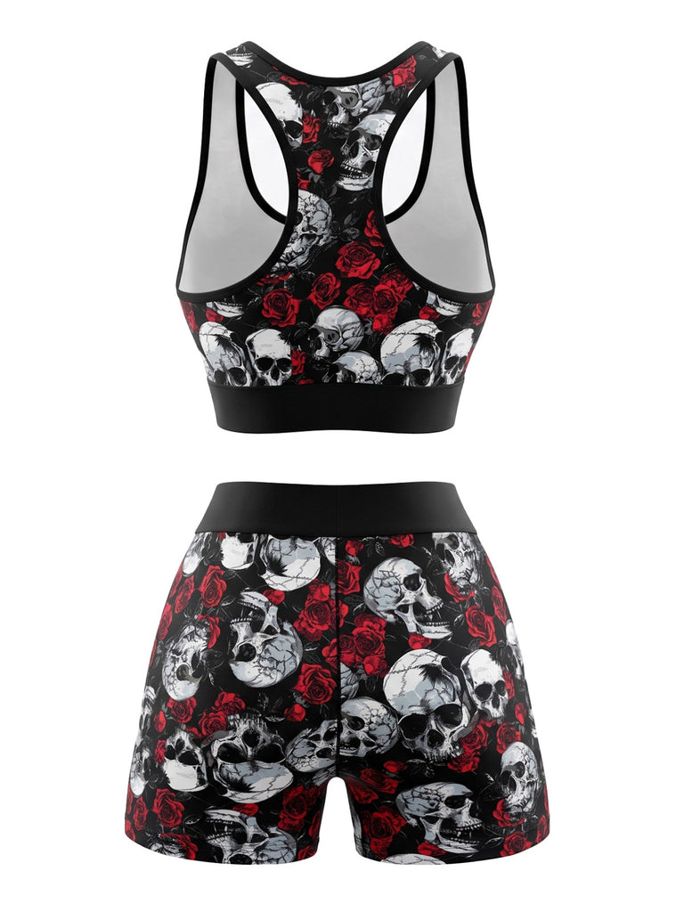 Ensemble soutien-gorge de sport et short noir à imprimé crânes et roses d’Halloween années 1980