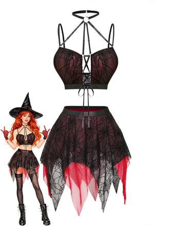 Sleepwear Gothique Spiderweb Filet Halter Crop Lingerie Ensemble Années 1980