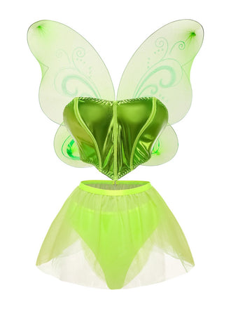 Ensemble pyjama de fée vert métallisé en tulle avec ailes années 1980