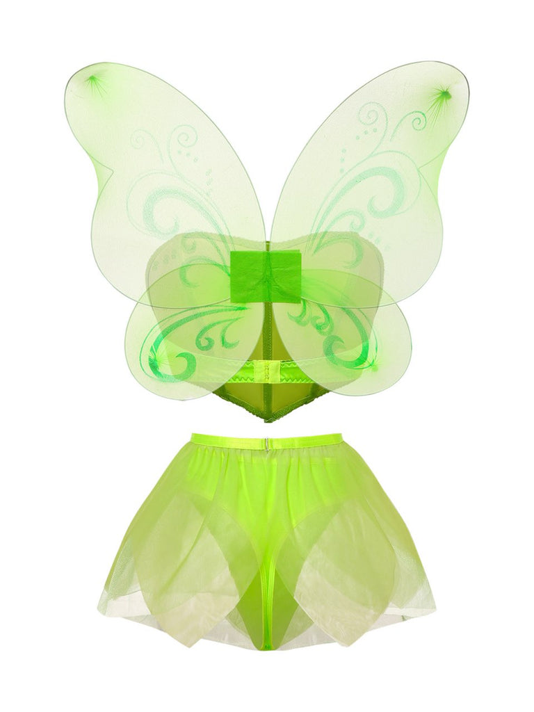 Ensemble pyjama de fée vert métallisé en tulle avec ailes années 1980