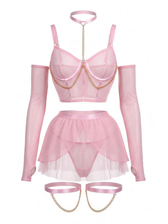 Ensemble lingerie rose en résille avec ras-de-cou et chaînes années 1980