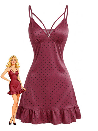 Nuisette bordeaux en satin à pois, fines bretelles et ourlet à volants Années 1940 - 1