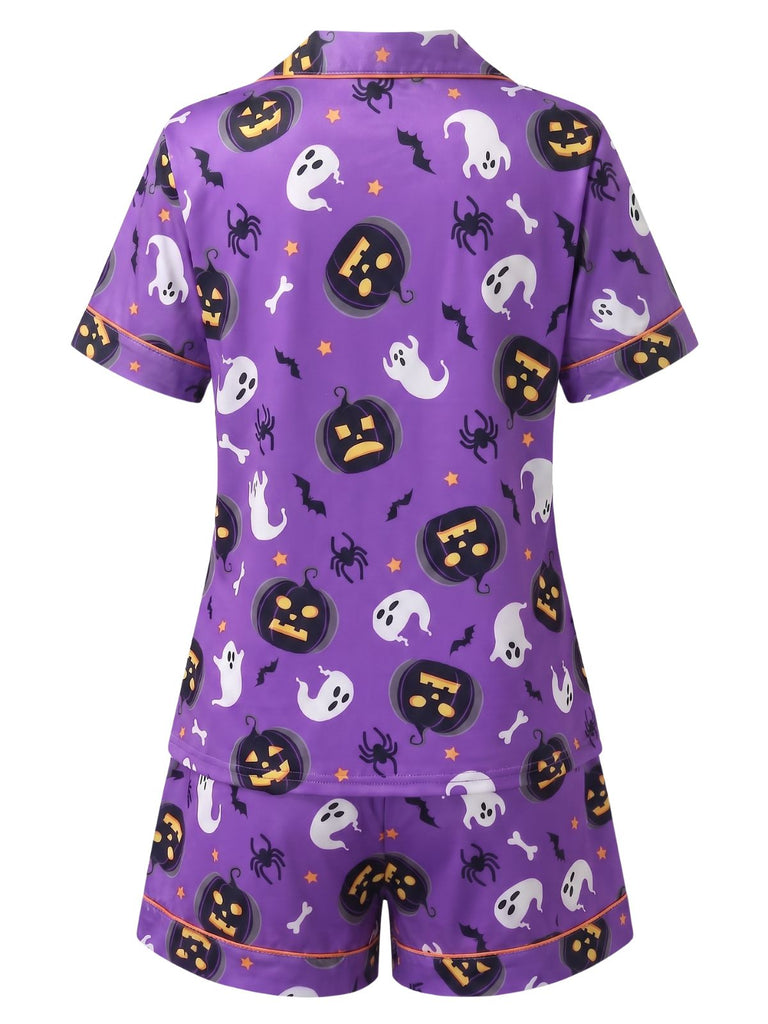 Ensemble pyjama violet d’Halloween à fantômes et citrouilles avec short années 1950