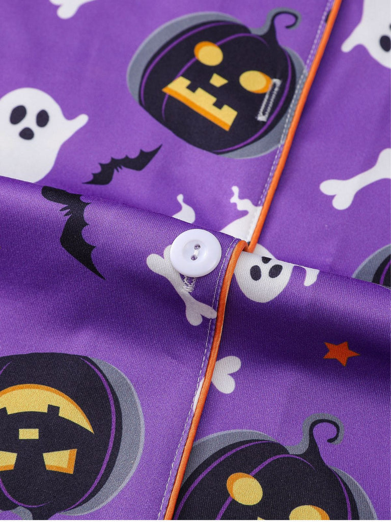 Ensemble pyjama violet d’Halloween à fantômes et citrouilles avec short années 1950