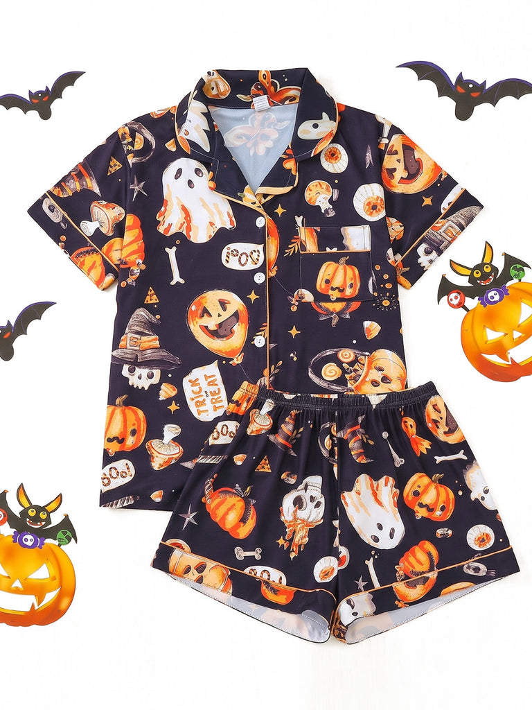 Ensemble pyjama d’Halloween à imprimé citrouilles et fantômes années 1970