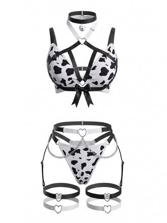 Ensemble lingerie sexy noir et blanc à imprimé vache et bretelles années 1980