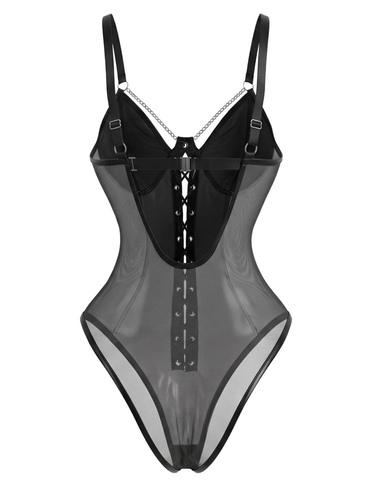Body noir en similicuir à chaînes et laçage années 1970