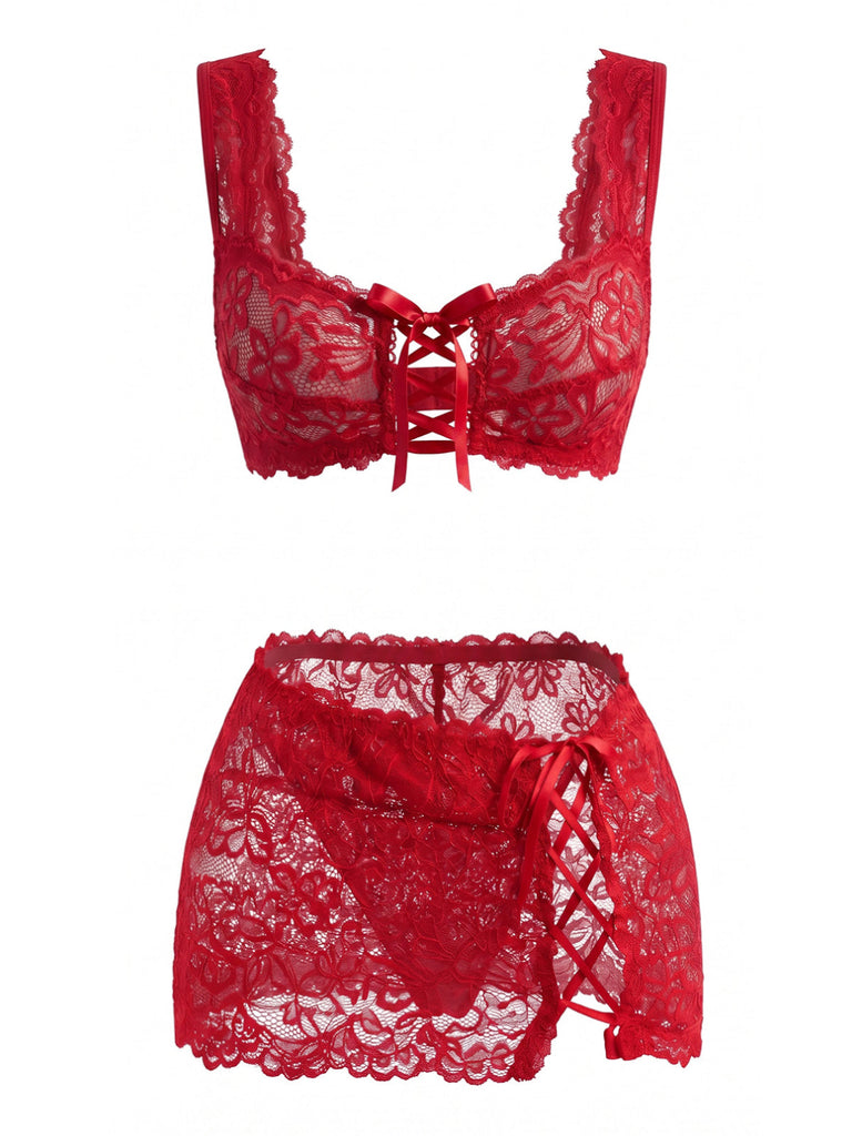 Ensemble lingerie en dentelle florale à laçage croisé années 1950