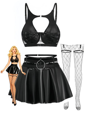 Ensemble lingerie sexy noir à bretelles et découpes années 1950
