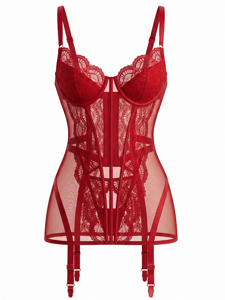 Ensemble lingerie nuisette transparente en dentelle et porte-jarretelles années 1950