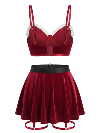 Ensemble pyjama rouge de Noël en velours et fourrure à fines bretelles Années 1950 - 2