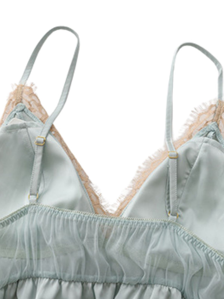 Nuisette Babydoll en satin à col V et bordure dentelle années 1950
