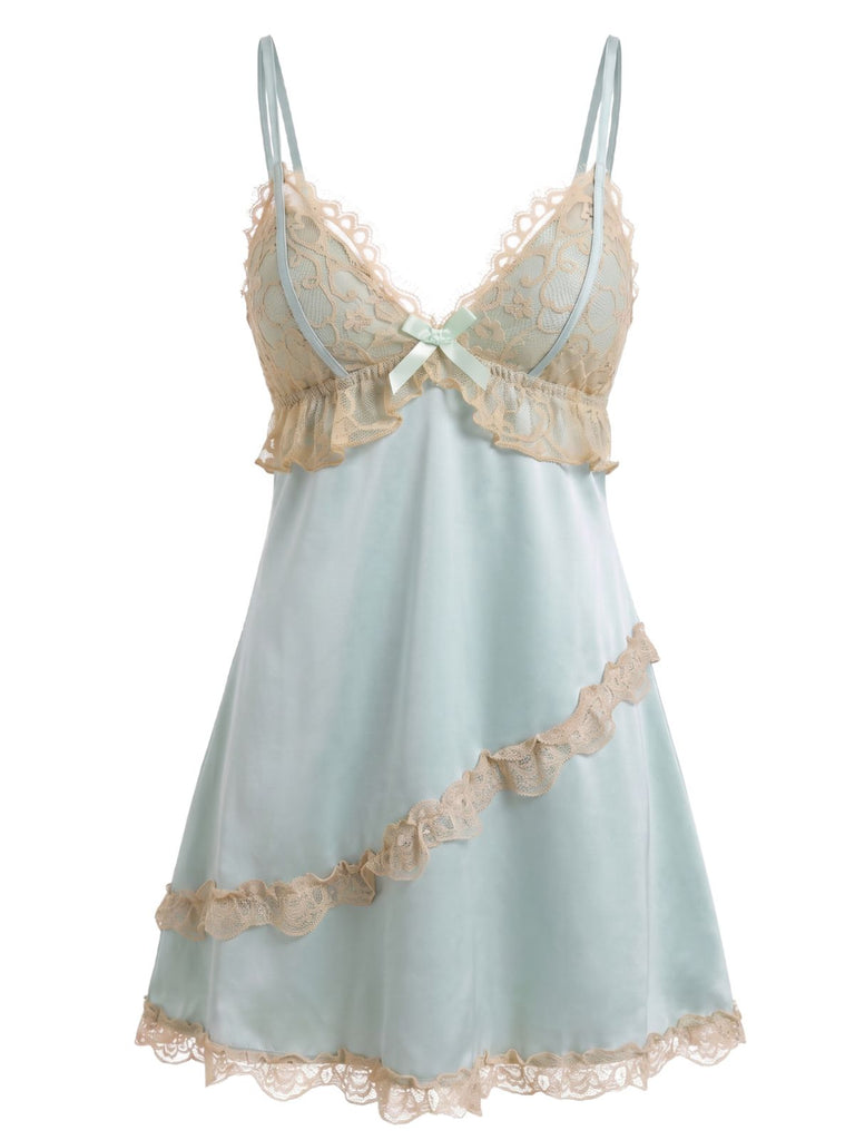 Nuisette Babydoll en satin à col V et bordure dentelle années 1950