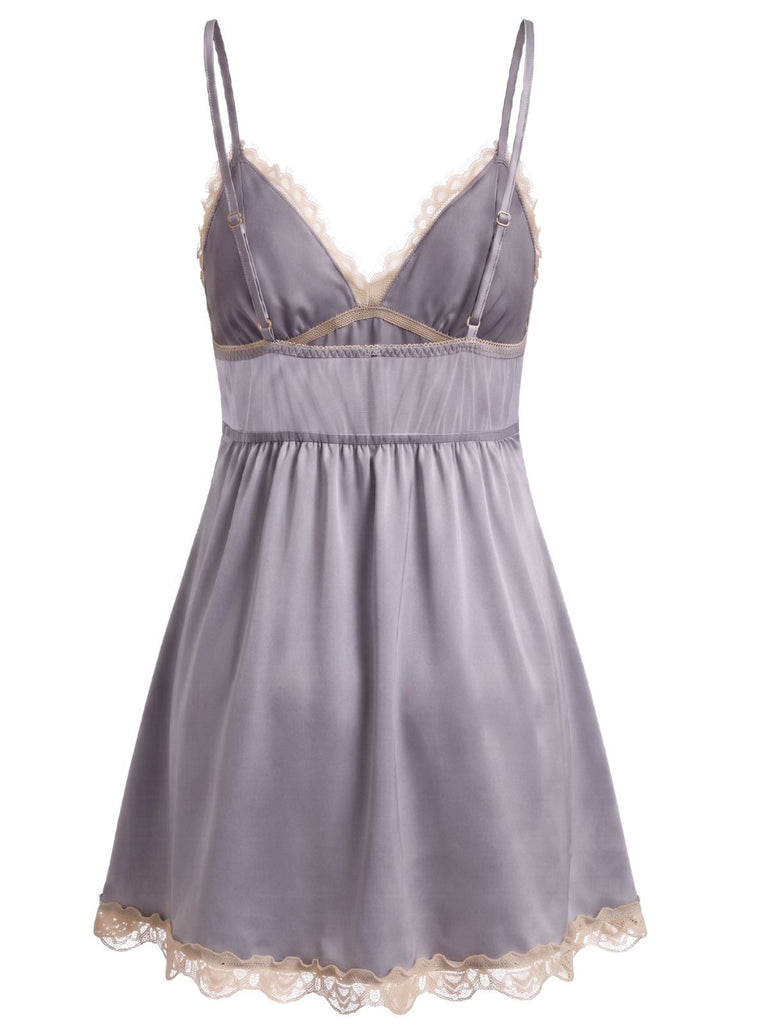 Nuisette Babydoll en satin à col V et bordure dentelle années 1950