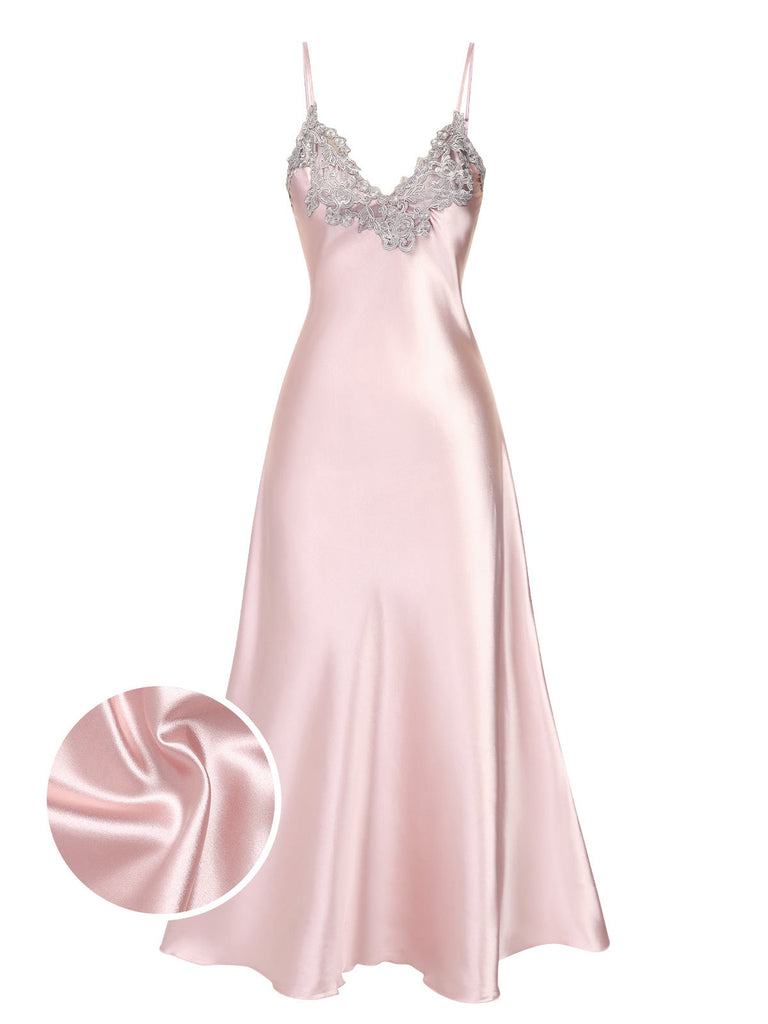 Chemise de nuit à bretelles en faux satin brodé des années 1930