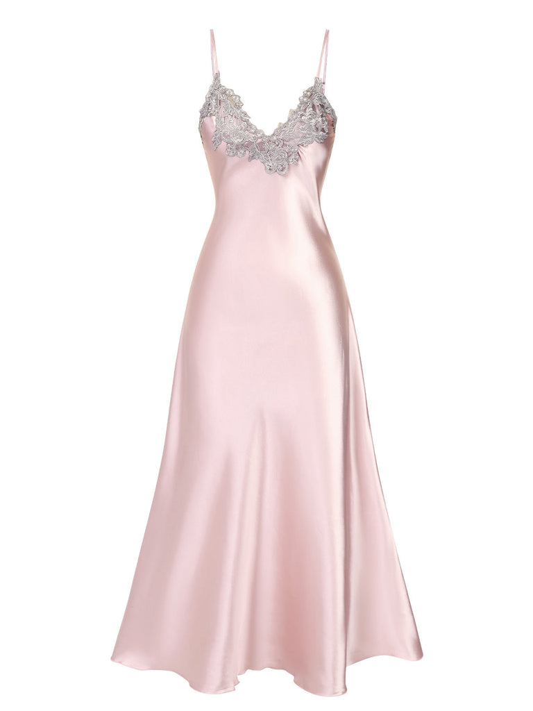 Chemise de nuit à bretelles en faux satin brodé des années 1930