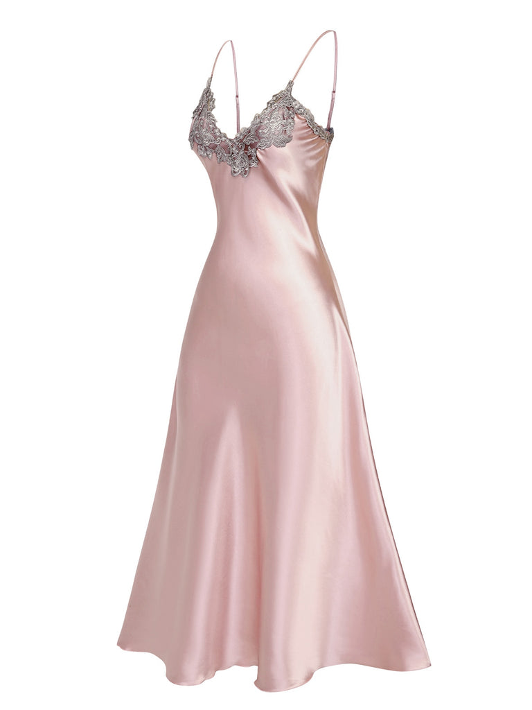 [Prévente] Chemise de nuit rose à bretelles satin brodé années 1930
