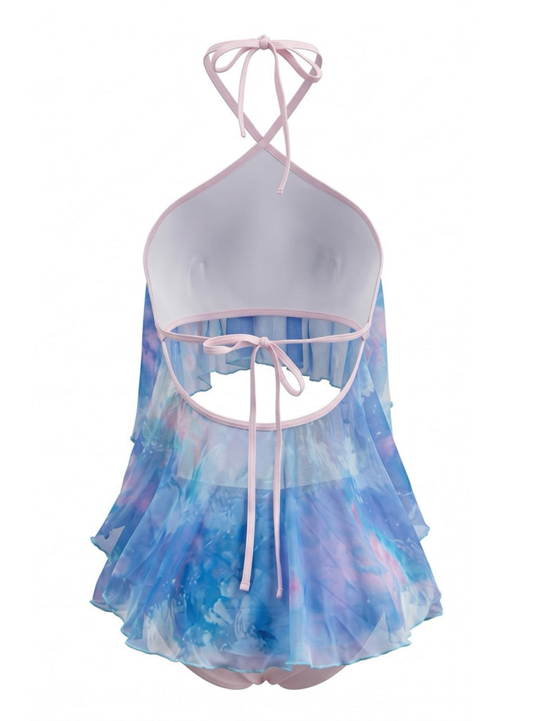 Ensemble Tankini Halter à Volants Ombré Bleu Ciel Années 80