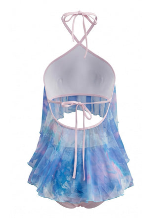 Ensemble Tankini Halter à Volants Ombré Bleu Ciel Années 80