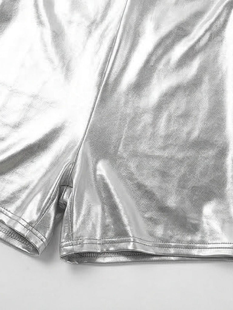 Close-up of metallic silver Romper on a light gray background