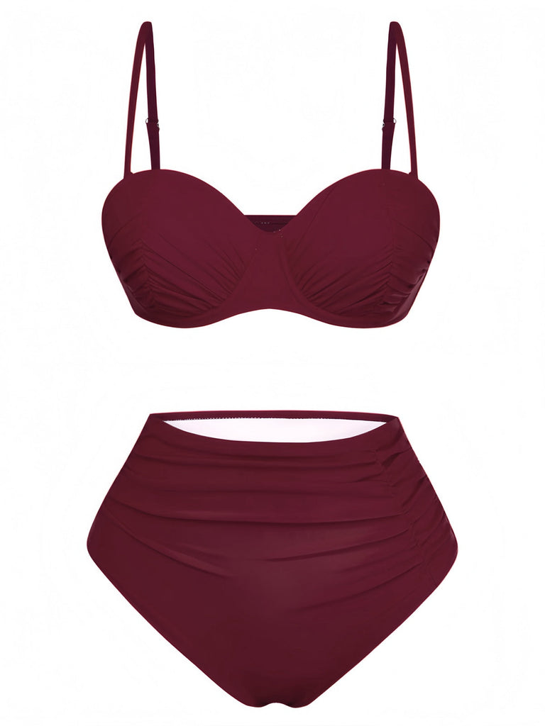 Ensemble bikini rouge vin années 1940 à taille haute et froncé